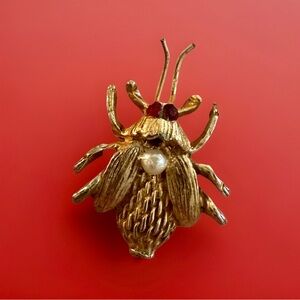 Vintage Gold Insect Brooch with Pearl Accent